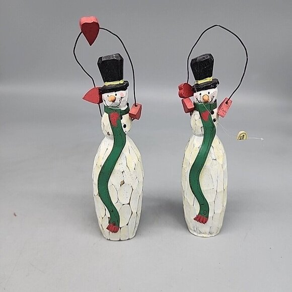 Two Snowman Snowmen Figurine Wood Style Resin Rustic Winter Holiday 5” Tall Pair - Picture 1 of 5
